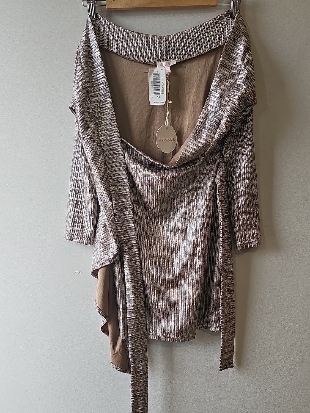 Luxxel Metallic Taupe Off-Shoulder Wrap Lomg Sleeve Top